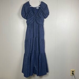 Never a Wallflower Navy Metallic Grid Puff Sleeve Maxi‎ Dress XS